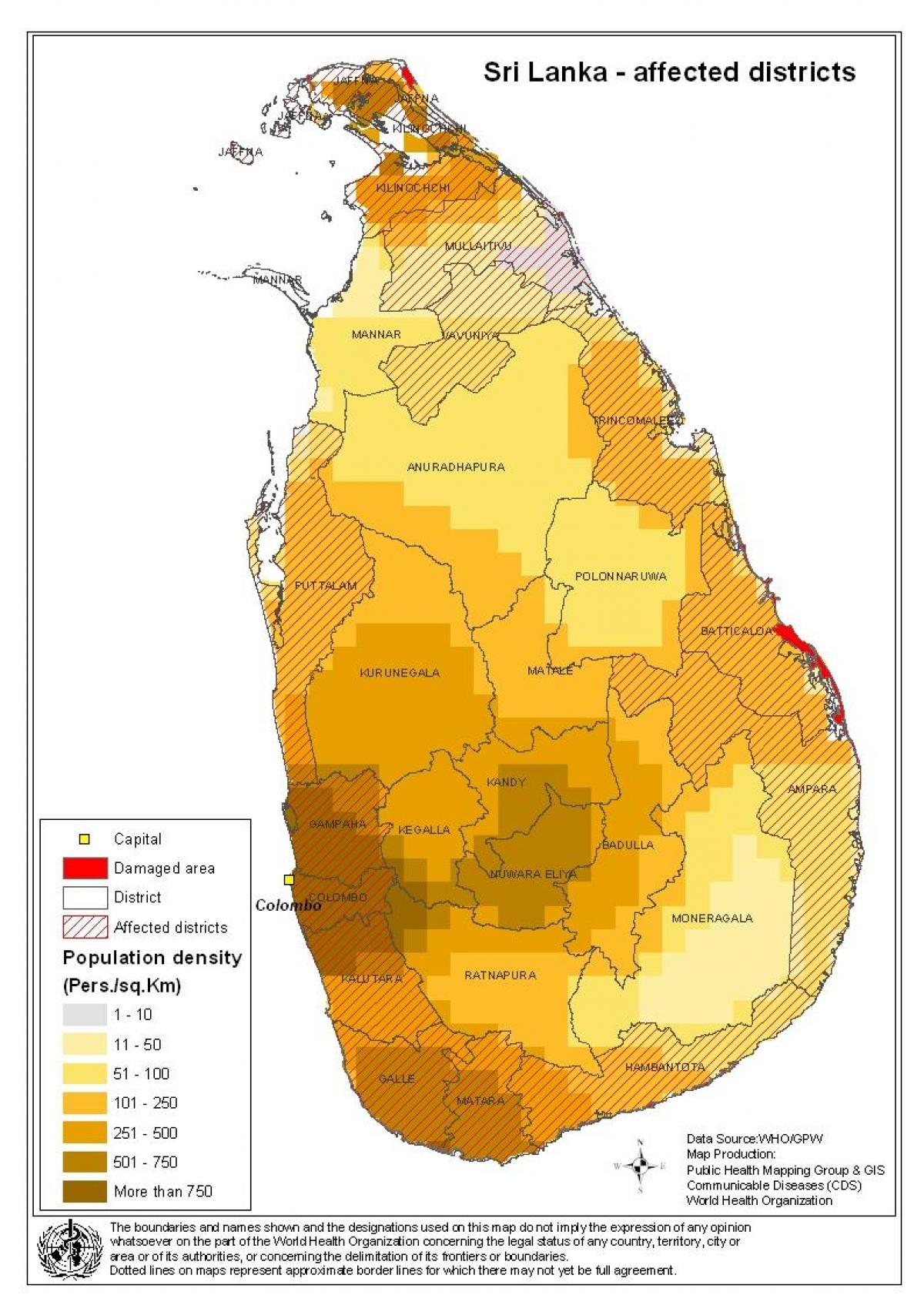 mapa Sri Lanki gęstość zaludnienia 
