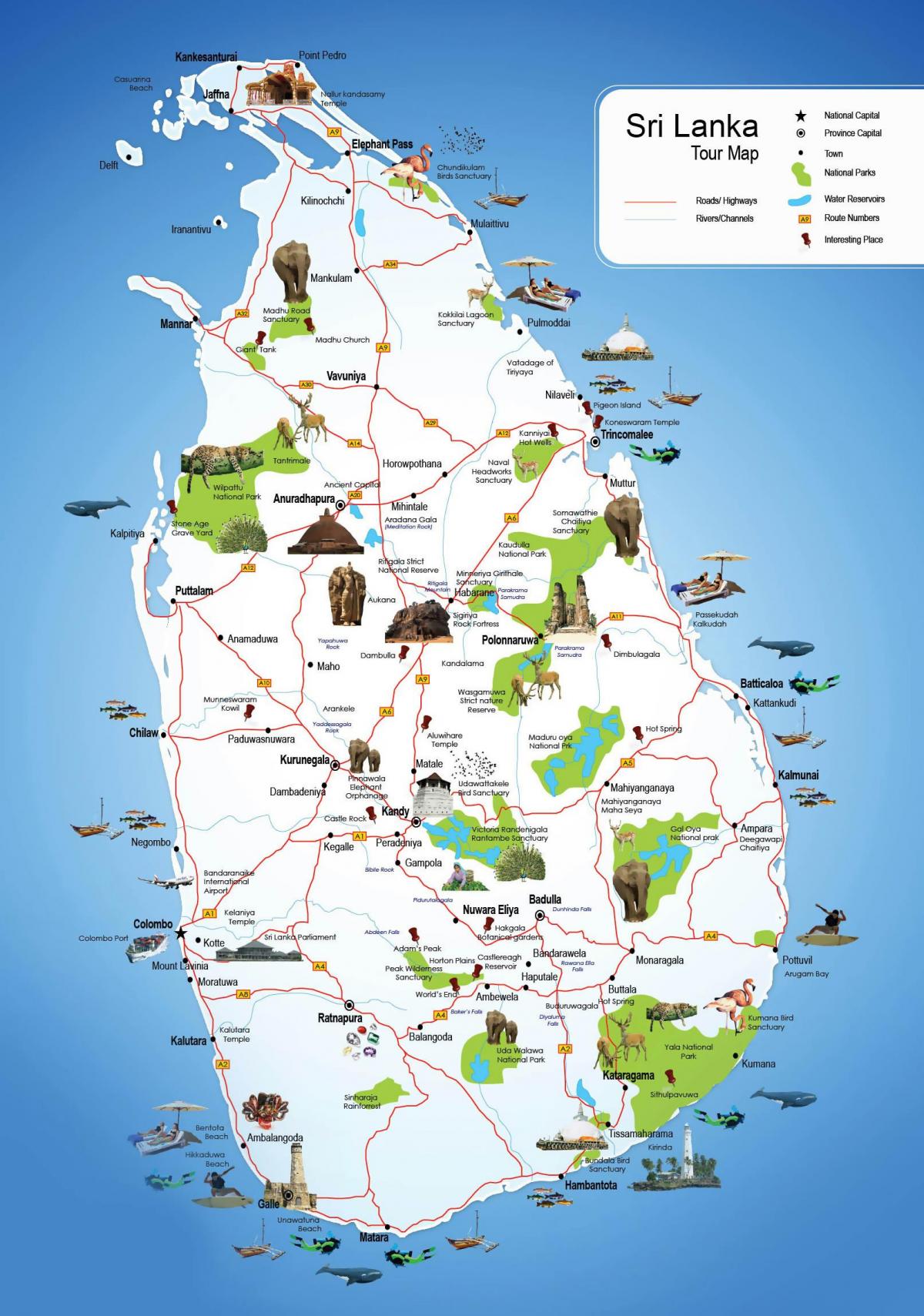 turystycznych miejsc na Sri Lance mapie