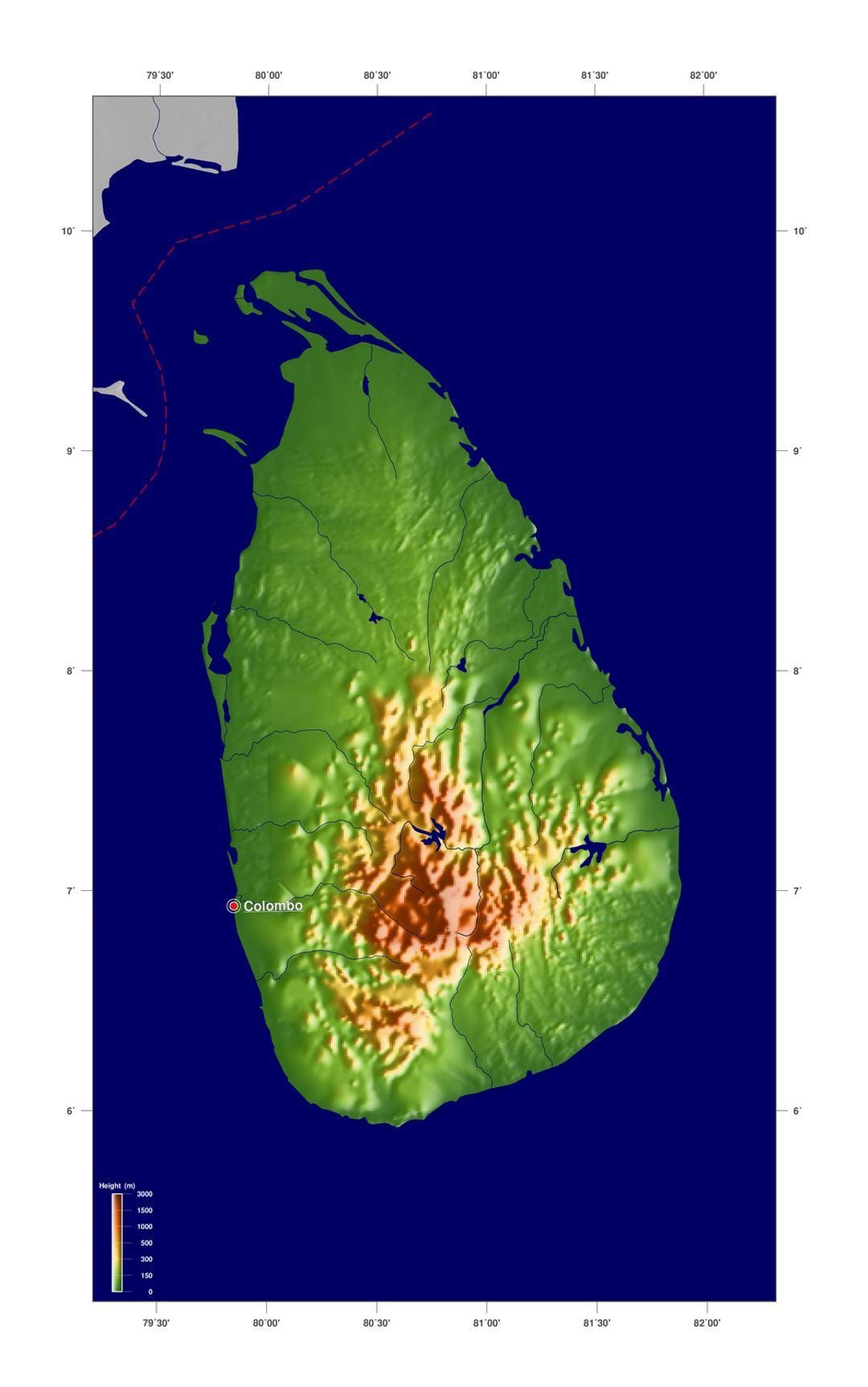 mapa Sri Lanki wysokości