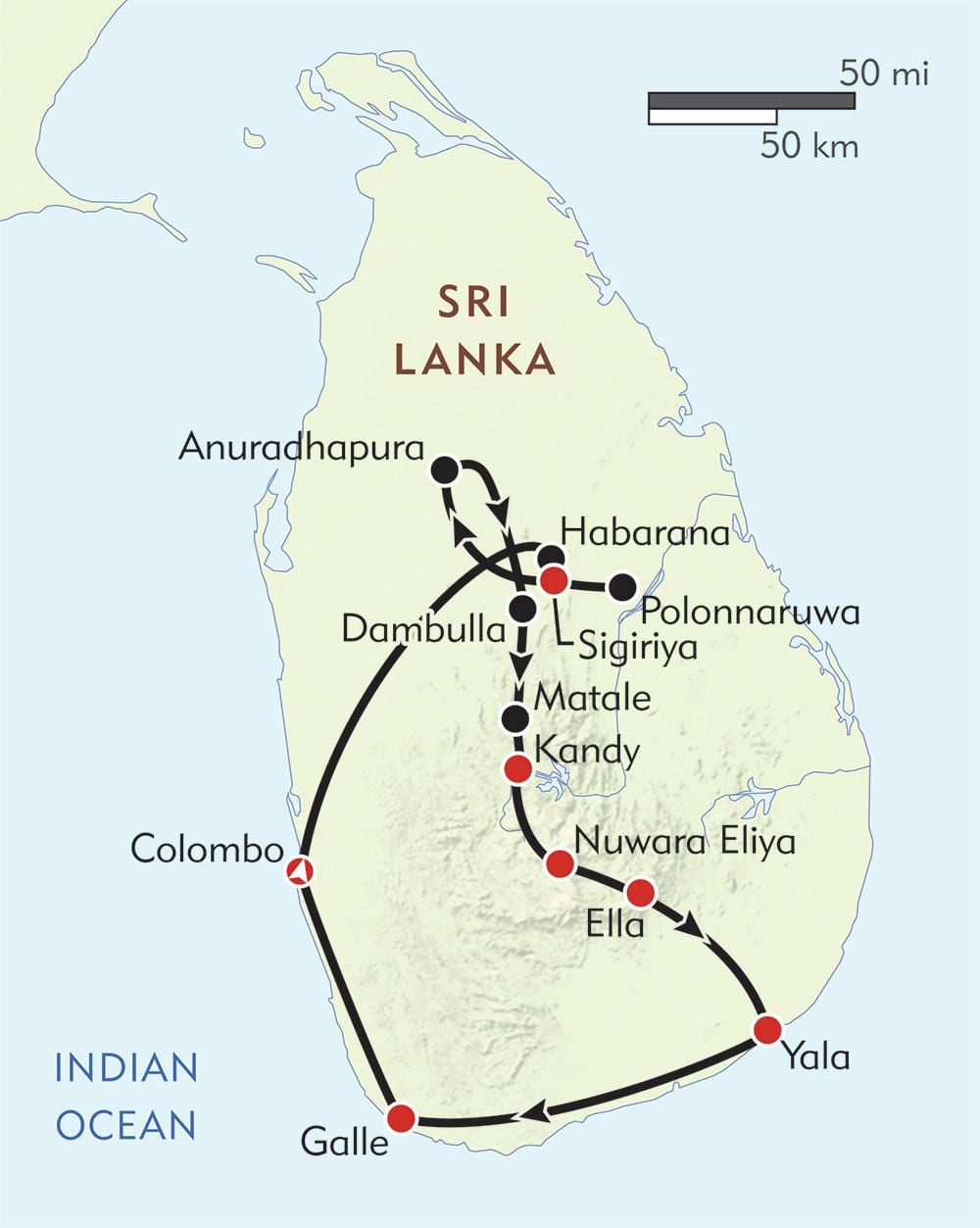 mapa Sri Lanki trasę