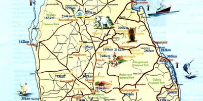 Turystyczna mapa Sri Lanki z miastami